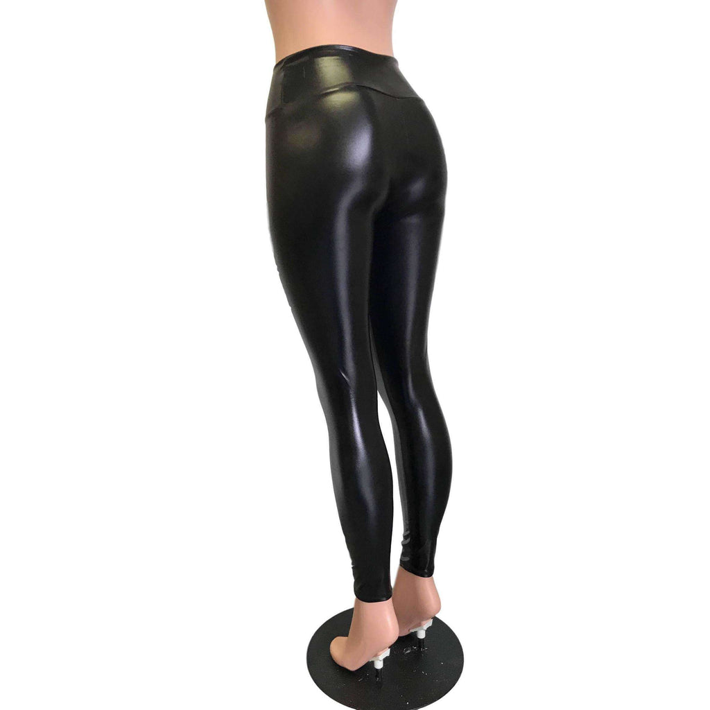 Black Metallic "Wet Look" Faux Leather High Waisted Leggings Pants - Peridot Clothing