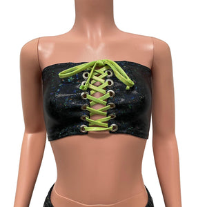 Black Holographic Shattered Glass Lace-up Tube Top Bandeau - Peridot Clothing
