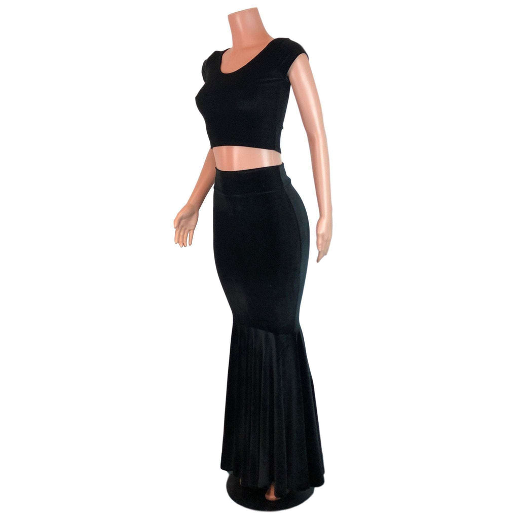 Black Velvet Morticia Outfit - Mermaid Long Fit n Flare Skirt and Cap Sleeve Crop Top - Peridot Clothing