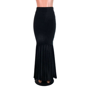 Black Velvet Morticia Outfit - Mermaid Long Fit n Flare Skirt and Cap Sleeve Crop Top - Peridot Clothing