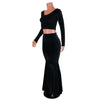 Black Velvet Morticia Outfit - Mermaid Long Fit n Flare Skirt and Long Sleeve Crop Top - Peridot Clothing