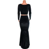 Black Velvet Morticia Outfit - Mermaid Long Fit n Flare Skirt and Long Sleeve Crop Top - Peridot Clothing