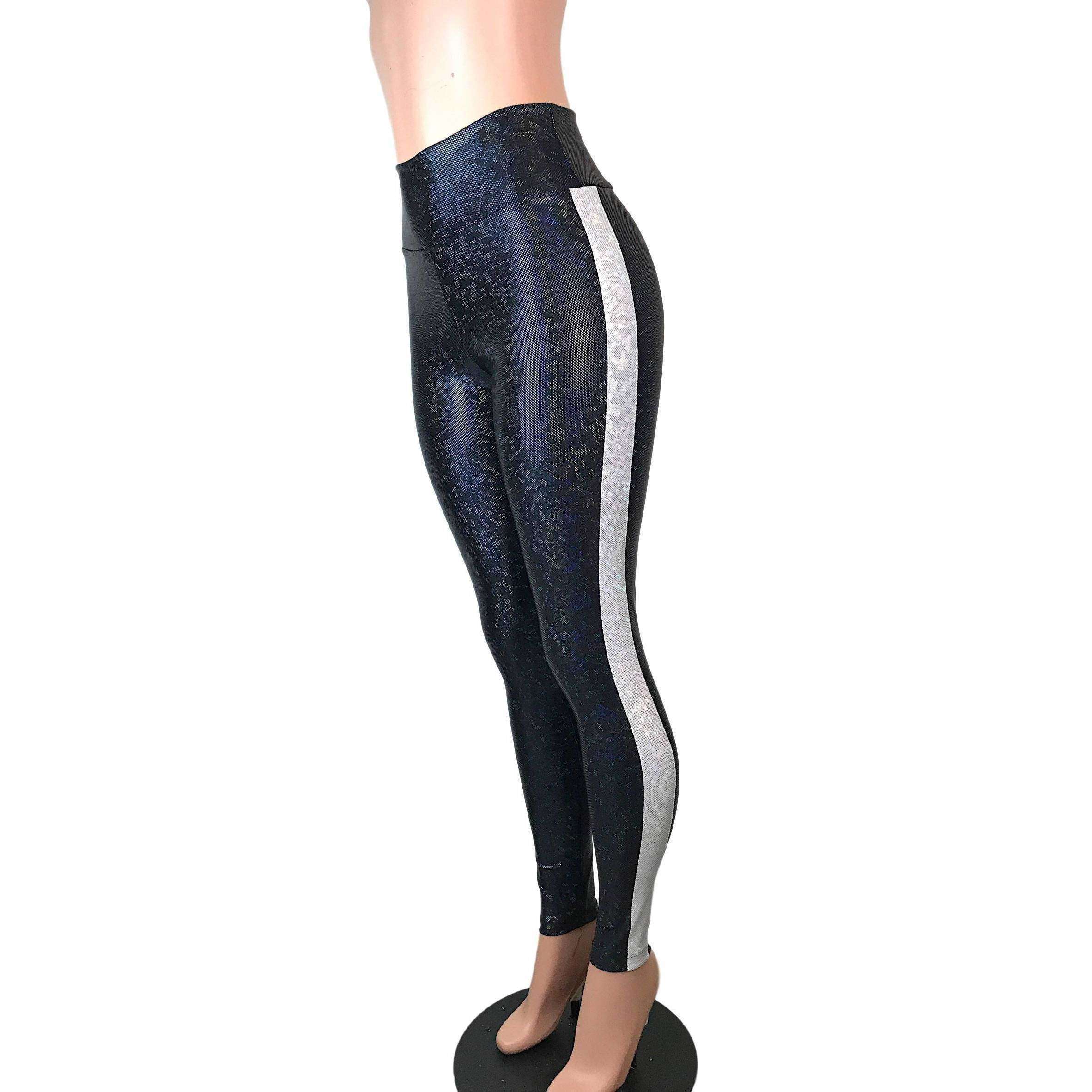 Black w/ Silver Stripe Shattered Glass Holographic Leggings Pants