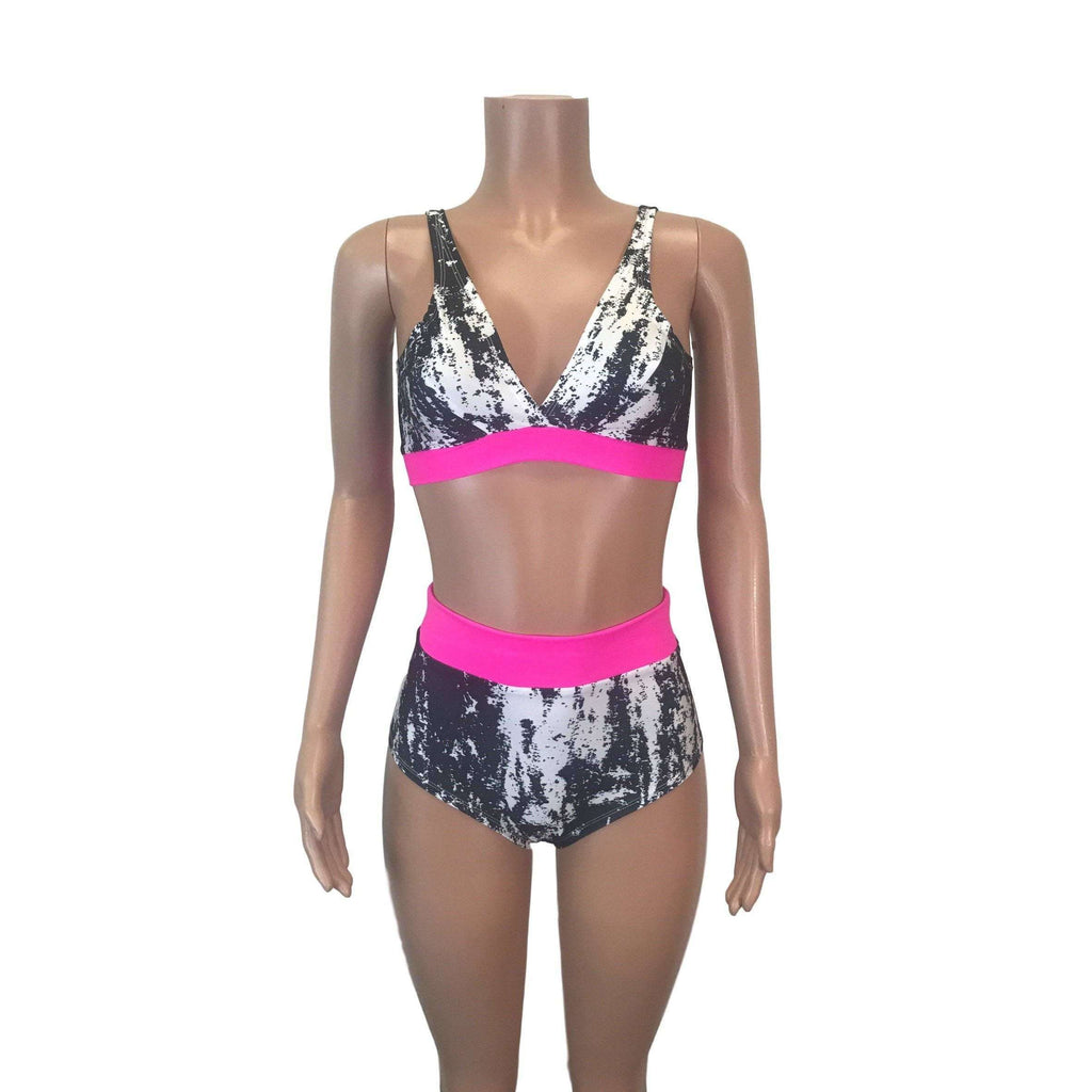 Black, White & Neon Pink High Waist Bikini Outfit - Peridot Clothing