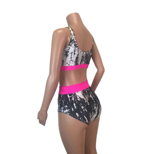 Black, White & Neon Pink High Waist Bikini Outfit - Peridot Clothing