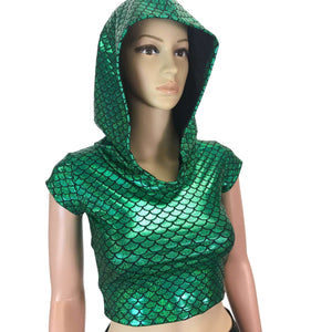 Cap Sleeve Cropped Hoodie - Green Mermaid Scale - Peridot Clothing