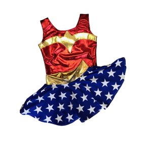 Children's Metallic Wonder Woman Costume w/ Stars Skirt - Peridot Clothing