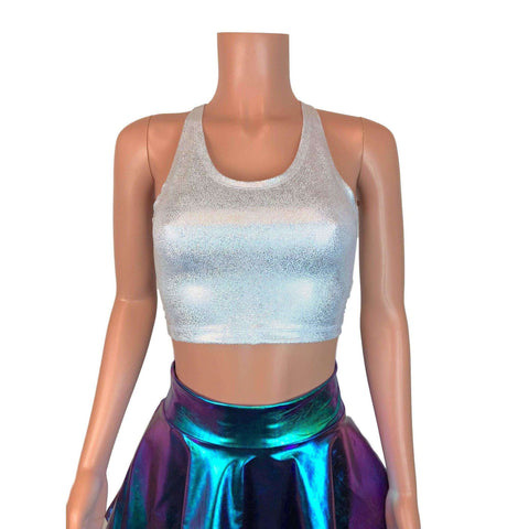 Glanzende damesbovenstukken, holografische metalen korte mouw slim fit T- shirt, glinsterend crop-top, mock hals party blouse, glitterende disco T- shirt blouse voor festival, rave, kostuum, clubwear