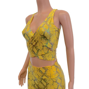 Crop Wrap Top - Yellow Snakeskin Holographic - Peridot Clothing