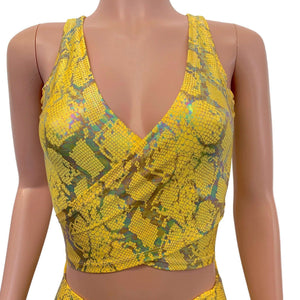 Crop Wrap Top - Yellow Snakeskin Holographic - Peridot Clothing