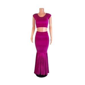 Fuchsia Pink Velvet Morticia Outfit - Mermaid Long Fit n Flare Skirt and Cap Sleeve Crop Top - Peridot Clothing