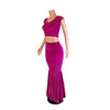 Fuchsia Pink Velvet Morticia Outfit - Mermaid Long Fit n Flare Skirt and Cap Sleeve Crop Top - Peridot Clothing