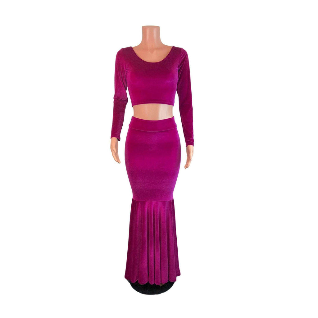 Fuchsia Pink Velvet Morticia Outfit - Mermaid Long Fit n Flare Skirt and Long Sleeve Crop Top - Peridot Clothing