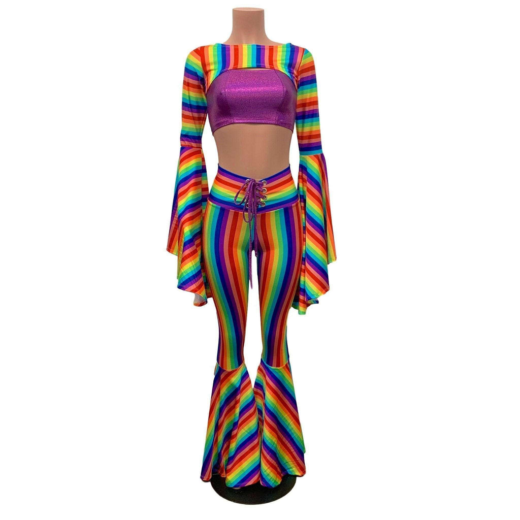 Full of Pride Outfit - Rainbow Stripe Pride Costume w/ Bell Bottoms and Bell Sleeve Bolero - Peridot Clothing