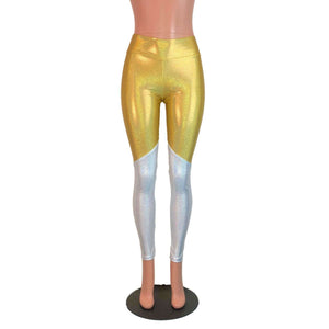 Gold and White Holographic Mystique *Mid-Rise* Leggings Pants - Peridot Clothing