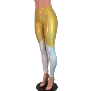 Gold and White Holographic Mystique *Mid-Rise* Leggings Pants - Peridot Clothing