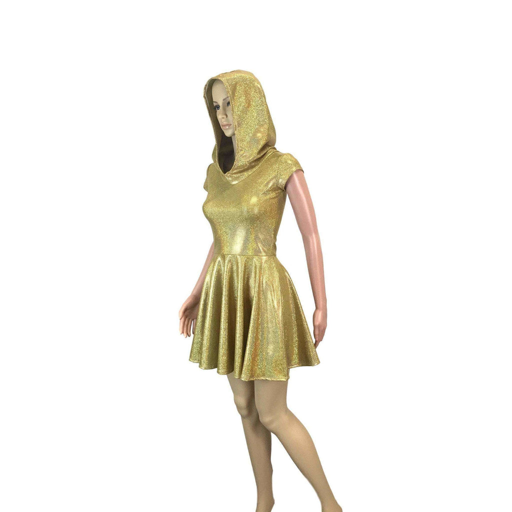 Gold Holographic Cap Sleeve Hoodie Skater Dress - Peridot Clothing