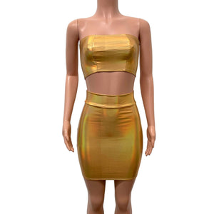 Gold Opal Iridescent Holographic Rave Outfit Skirt/Bandeau - Peridot Clothing
