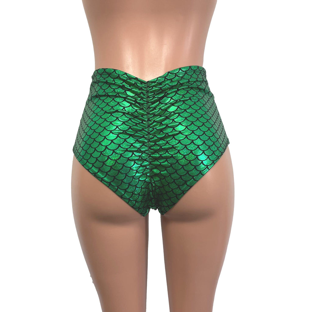 Scrunch High Waist Bikini - Green Sparkle Holo Mermaid Scales - Peridot Clothing