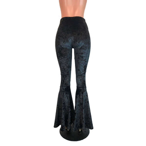 Black Crushed Velvet Bell Bottoms - High Waisted Flare Pants - Peridot Clothing