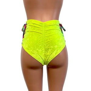 High Waist Lace-Up Scrunch Bikini - Neon Yellow Crushed Velvet - Peridot Clothing