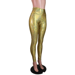 High Waist Leggings - Gold Shattered Glass Holographic Pants - Peridot Clothing