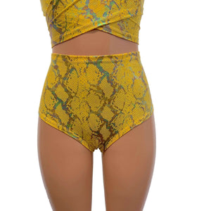 High Waist Scrunch Bikini - Yellow Holographic Snakeskin - Peridot Clothing