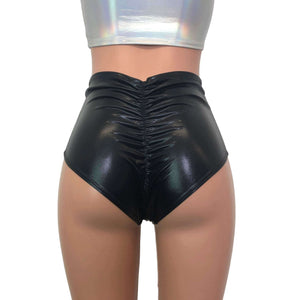 High Waist Scrunch Bikini Hot Pants - Black Metallic "Wet Look" - Peridot Clothing