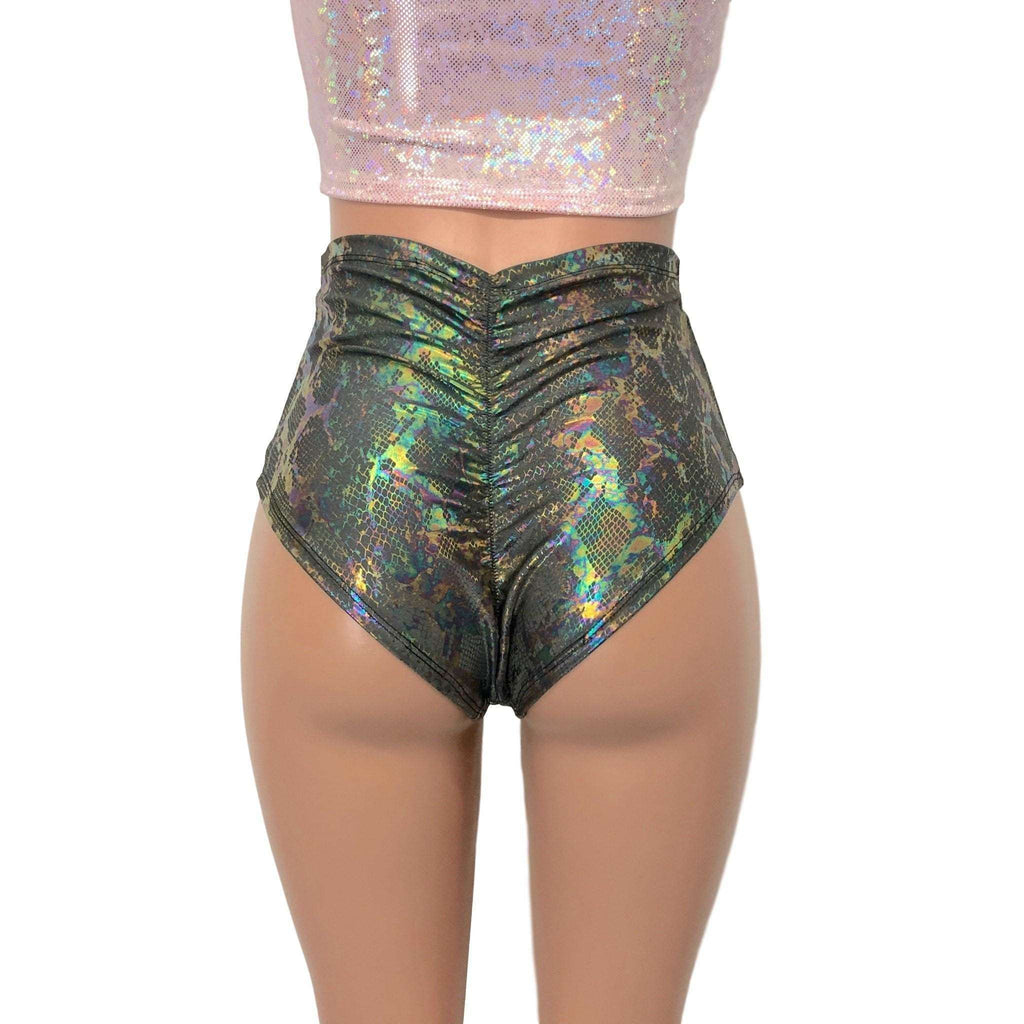 High Waist Scrunch Bikini Hot Pants - Gray Holographic Snakeskin - Peridot Clothing