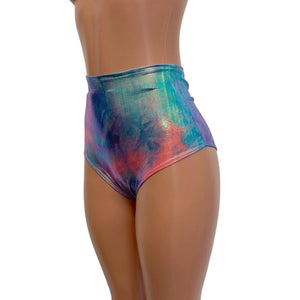 High Waist Scrunch Bikini Hot Pants - Rainbow Metallic Mystique - Peridot Clothing