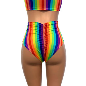 High Waist Scrunch Bikini Hot Pants - Rainbow Vertical Stripe - Peridot Clothing