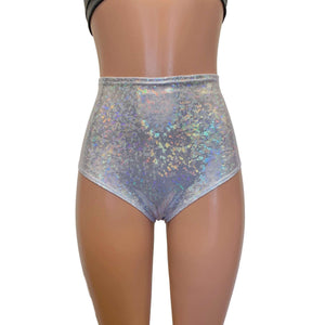 High Waist Scrunch Bikini Hot Pants - Silver Shattered Glass Holographic - Peridot Clothing