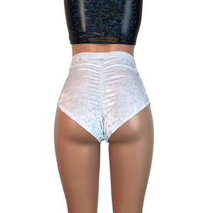 High Waist Scrunch Bikini Hot Pants - White Crushed Velvet - Peridot Clothing