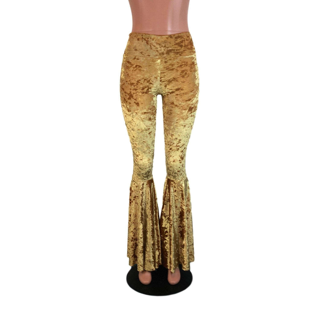 High Waisted Bell Bottom Flares - Gold Crushed Velvet - Peridot Clothing
