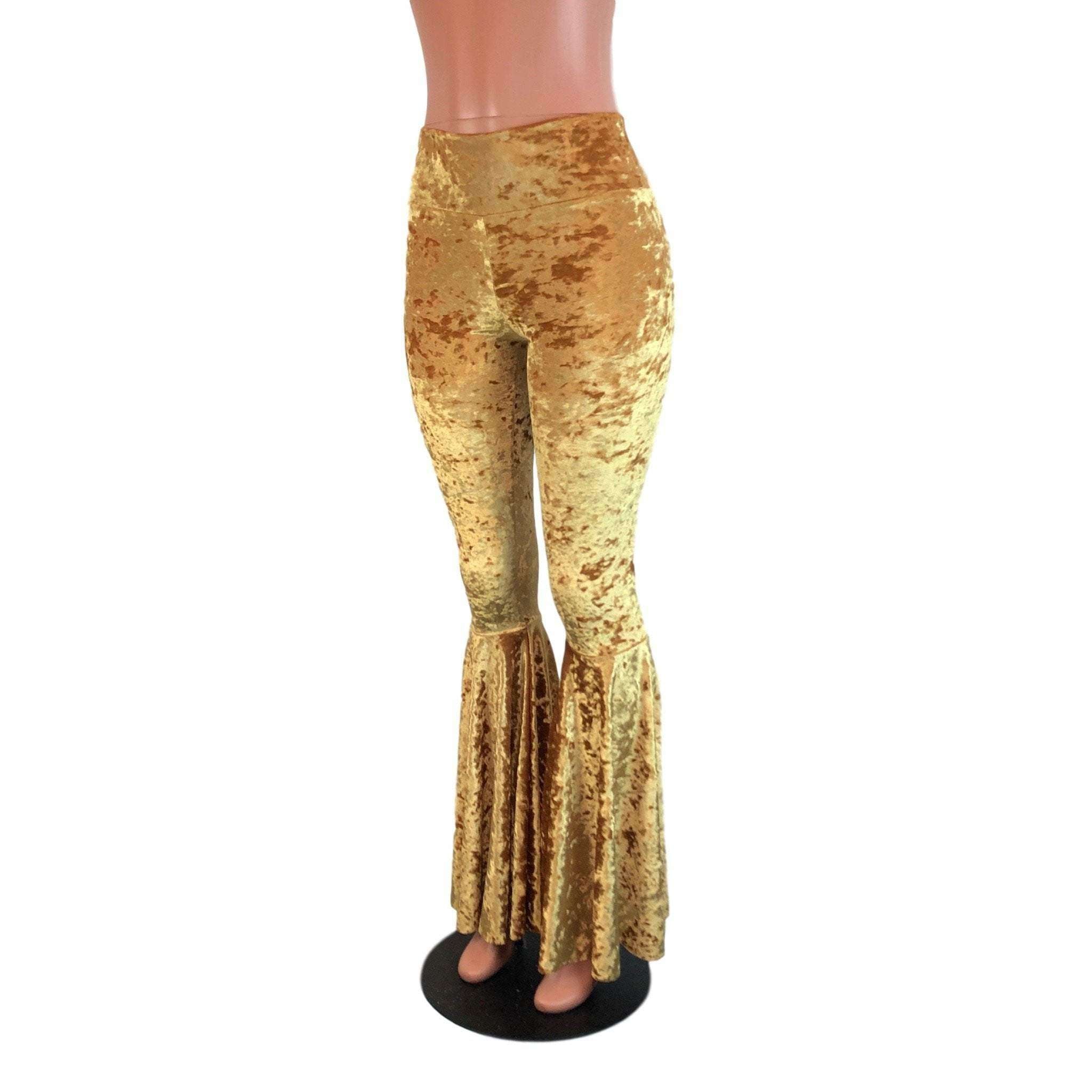 High Waisted Bell Bottom Flares - Gold Crushed Velvet XSmall High Waisted Bell Bottom Flares - Gold Crushed Velvet XSmall