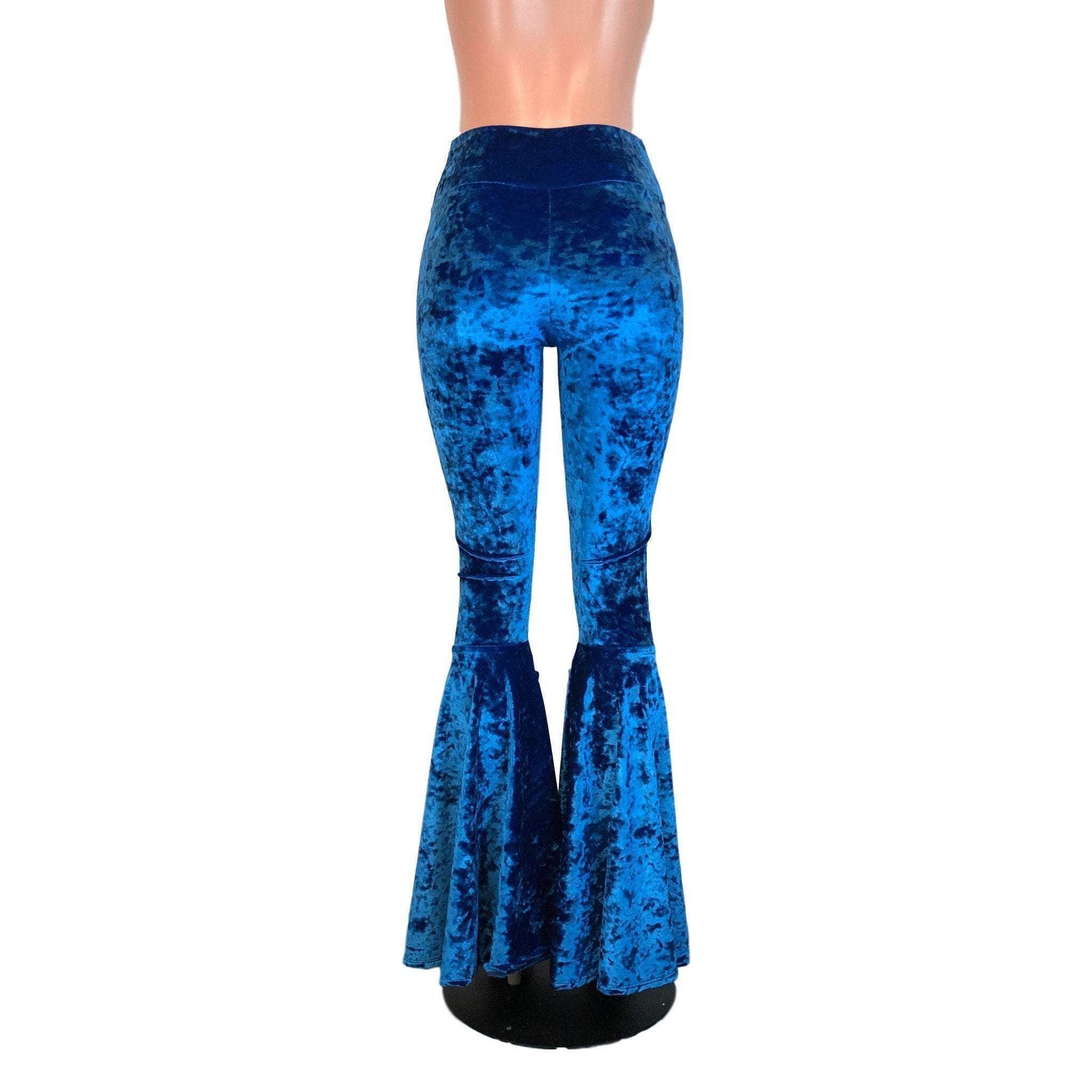 High Waisted Bell Bottom Flares Royal Blue Crushed Velvet