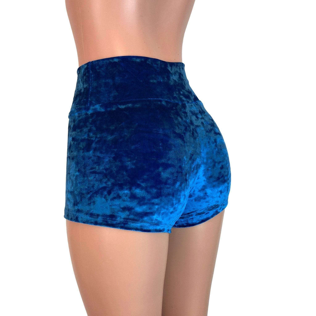 High Waisted Booty Shorts - Blue Crushed Velvet - Peridot Clothing