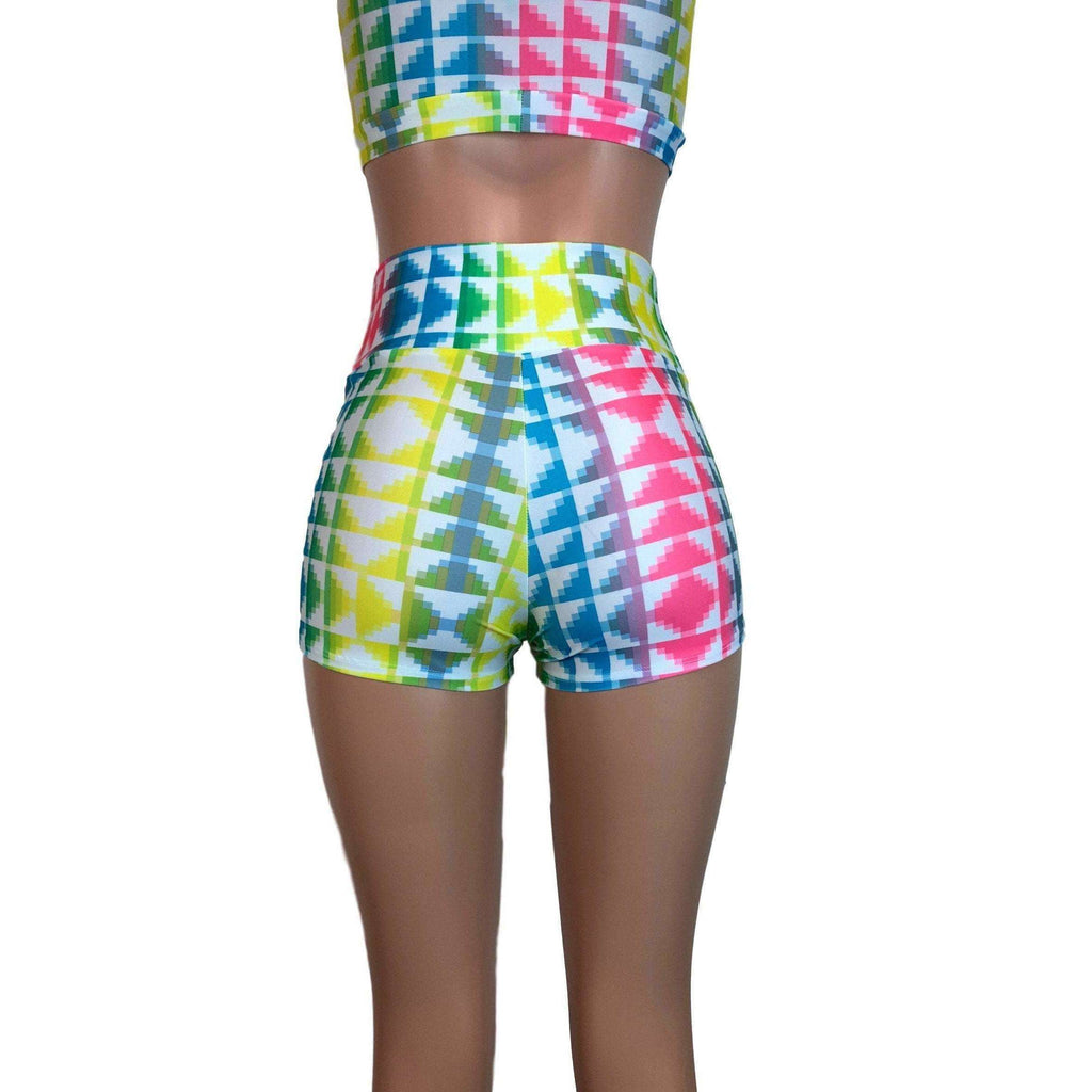 High Waisted Booty Shorts - Neon Tetris - Peridot Clothing