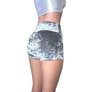High Waisted Booty Shorts - Silver Gray Crushed Velvet - Peridot Clothing
