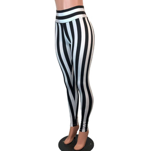 High Waisted Leggings - Black & White Stripe - Peridot Clothing