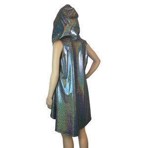 Hooded Sleeveless Rave Kimono Robe - Gleaming Silver Holographic Peridot Clothing Hooded Sleeveless Rave Kimono Robe - Gleaming Silver Holographic Peridot Clothing