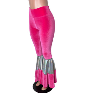 Tiered Bell Bottom Flares - Neon Hot Pink Velvet w/ Opal Holographic - Peridot Clothing