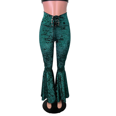 Hunter Green Crushed Velvet High Waist Lace-Up Bell Bottom Flares– Peridot  Clothing