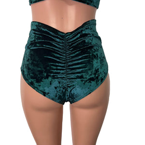 High Waist Scrunch Bikini Hot Pants - Hunter Green Crushed Velvet - Peridot Clothing