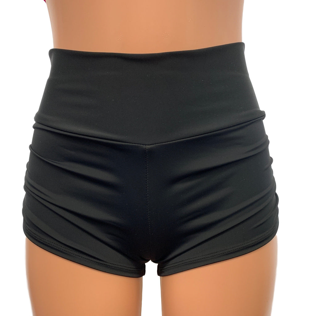 SALE - SMALL High Waist Ruched Booty Shorts - Black Metallic Wet Look–  Peridot Clothing