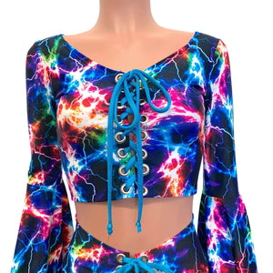Lace-Up Bell Sleeve Crop Top - Cosmic Thunder - Peridot Clothing