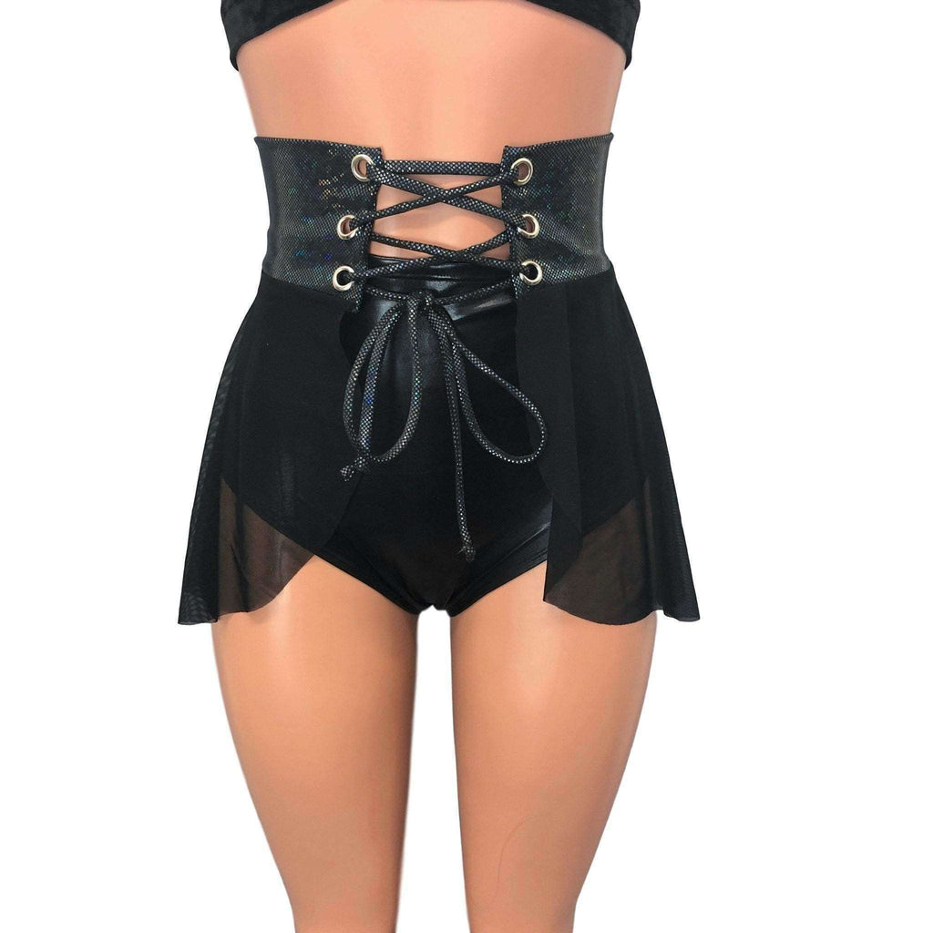 Lace-Up Corset Skirt - Black Mesh w/ Black Shattered Glass - Peridot Clothing