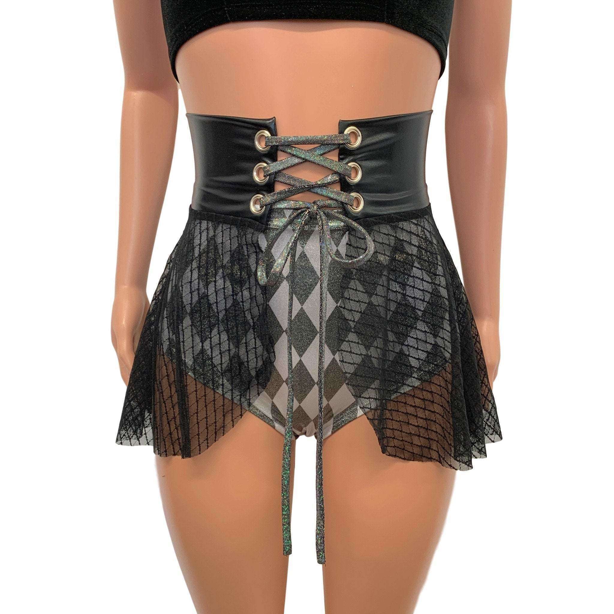 Lace-Up Corset Skirt - Black Vixen Mesh w/ Black Metallic