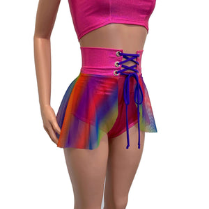 Lace-Up Corset Skirt - Rainbow Mesh w/Pink Sparkle - Peridot Clothing