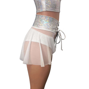 Lace-Up Corset Skirt - White Mesh w/ Silver Shattered Glass - Peridot Clothing